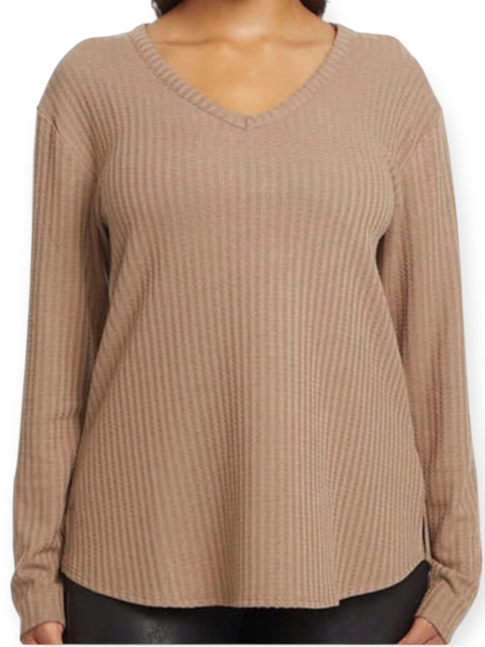 Chaser Plus V-Neck Waffle Knit Long Sleeve Top - Taupe Size XXL